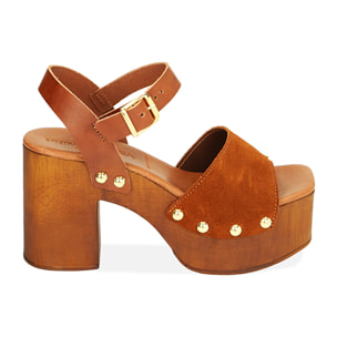 Sandali platform cognac in camscio, 9 cm