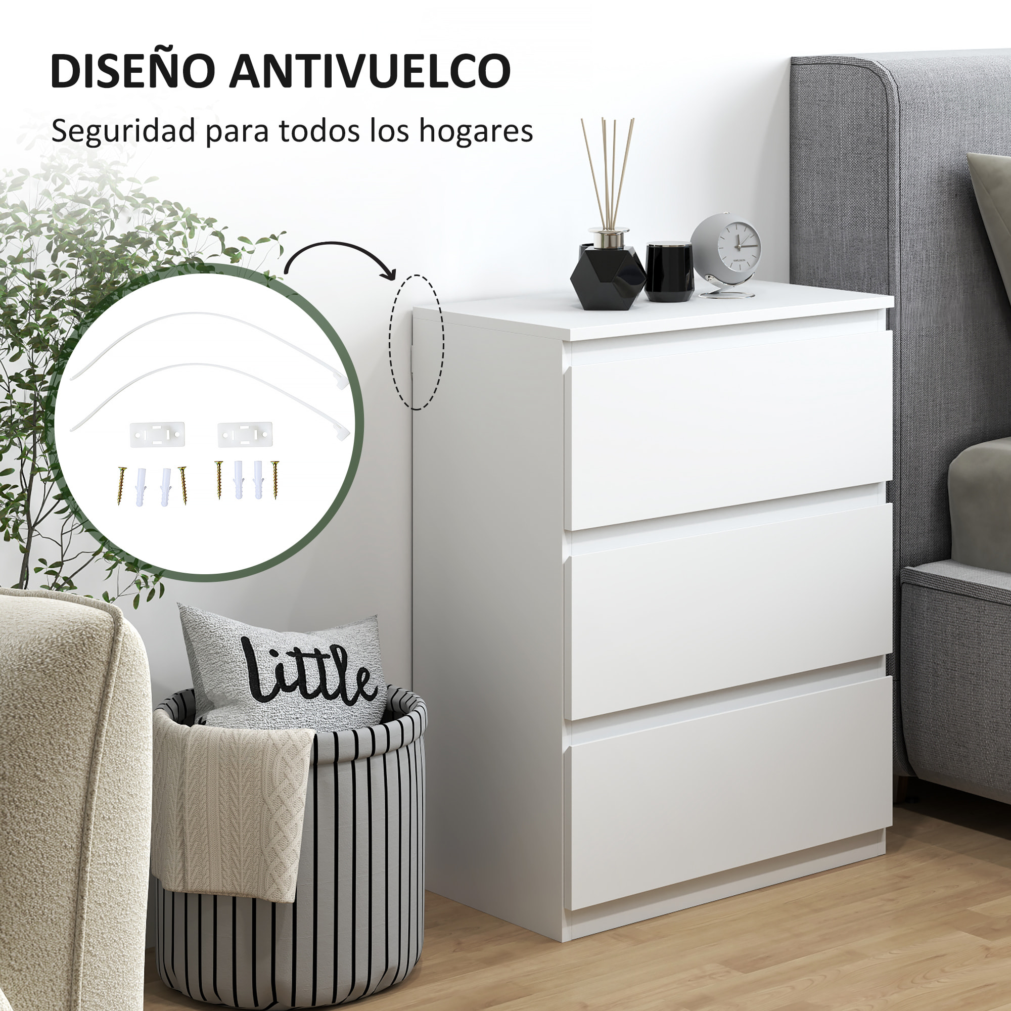 Cómoda con 3 Cajones Cómoda de Dormitorio Moderno con Diseño Anti-vuelco Cajonera para Salón Pasillo 55x34x75 cm Blanco Brillo