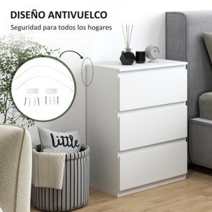 Cómoda con 3 Cajones Cómoda de Dormitorio Moderno con Diseño Anti-vuelco Cajonera para Salón Pasillo 55x34x75 cm Blanco Brillo