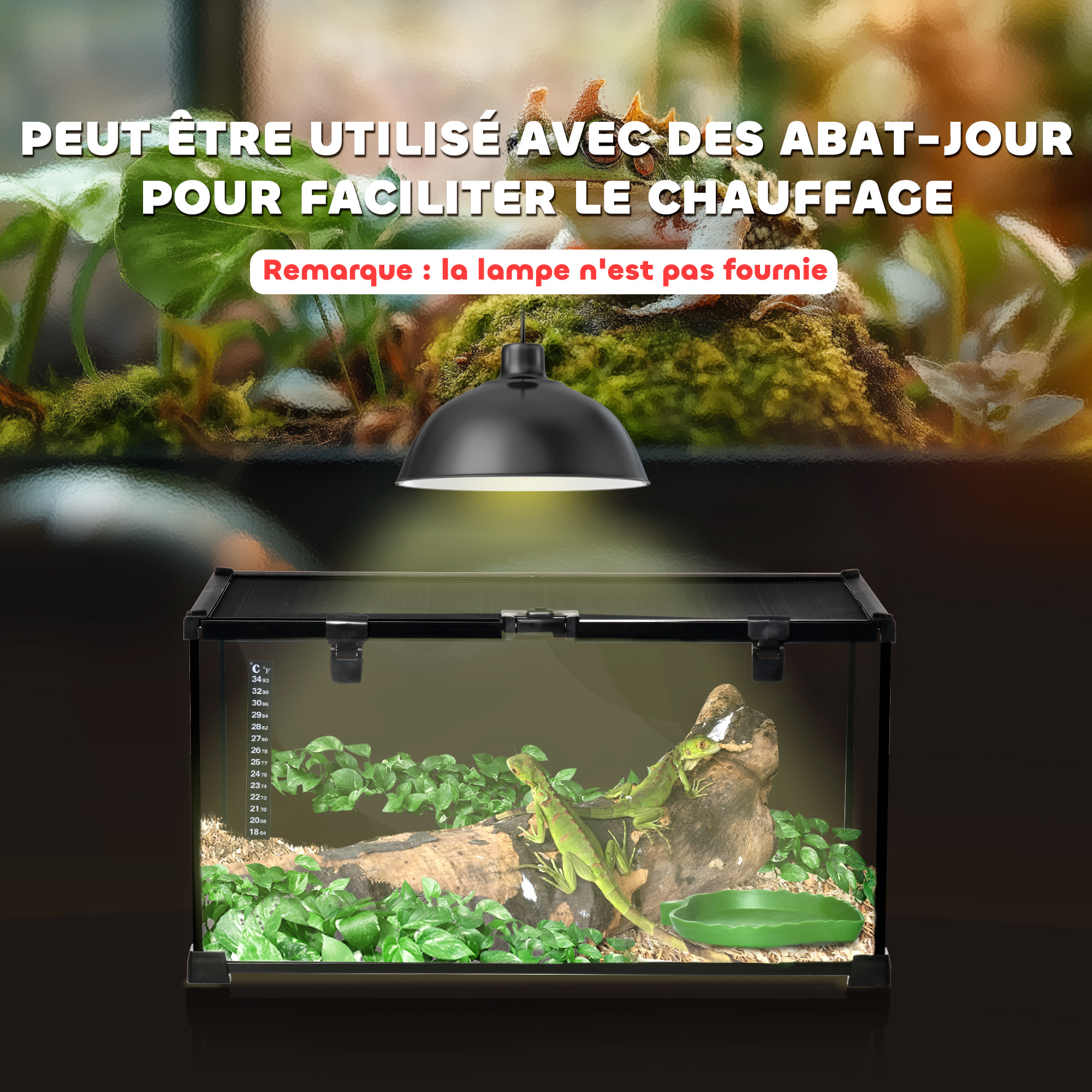 Terrarium en verre - vivarium reptiles & batraciens - habitat tortue - couvercle grillagé coulissant verrouillable - distributeur eau, thermomètre inclus - métal noir verre