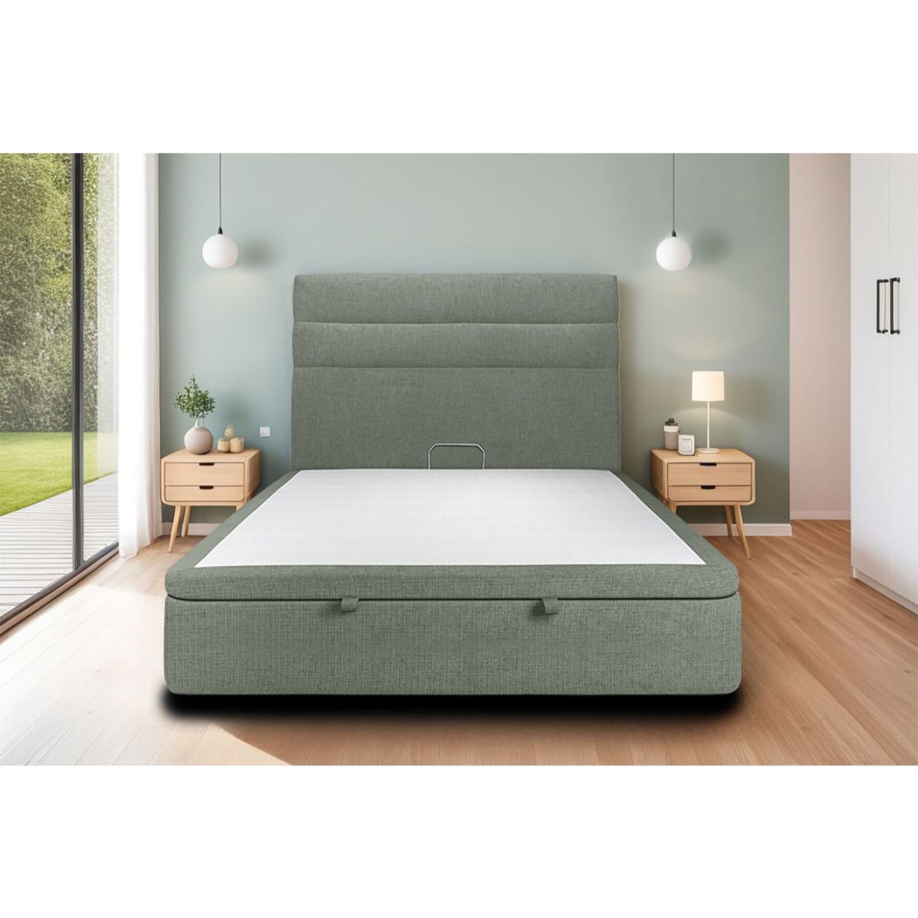 Lit coffre avec tête de lit bandes horizontales Tissu