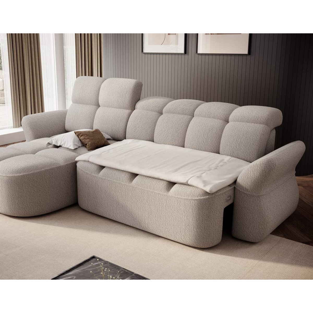 Brume - Canapé d'angle gauche 4 places convertible électrique avec coffre et têtières réglables en tissu bouclette - Beige