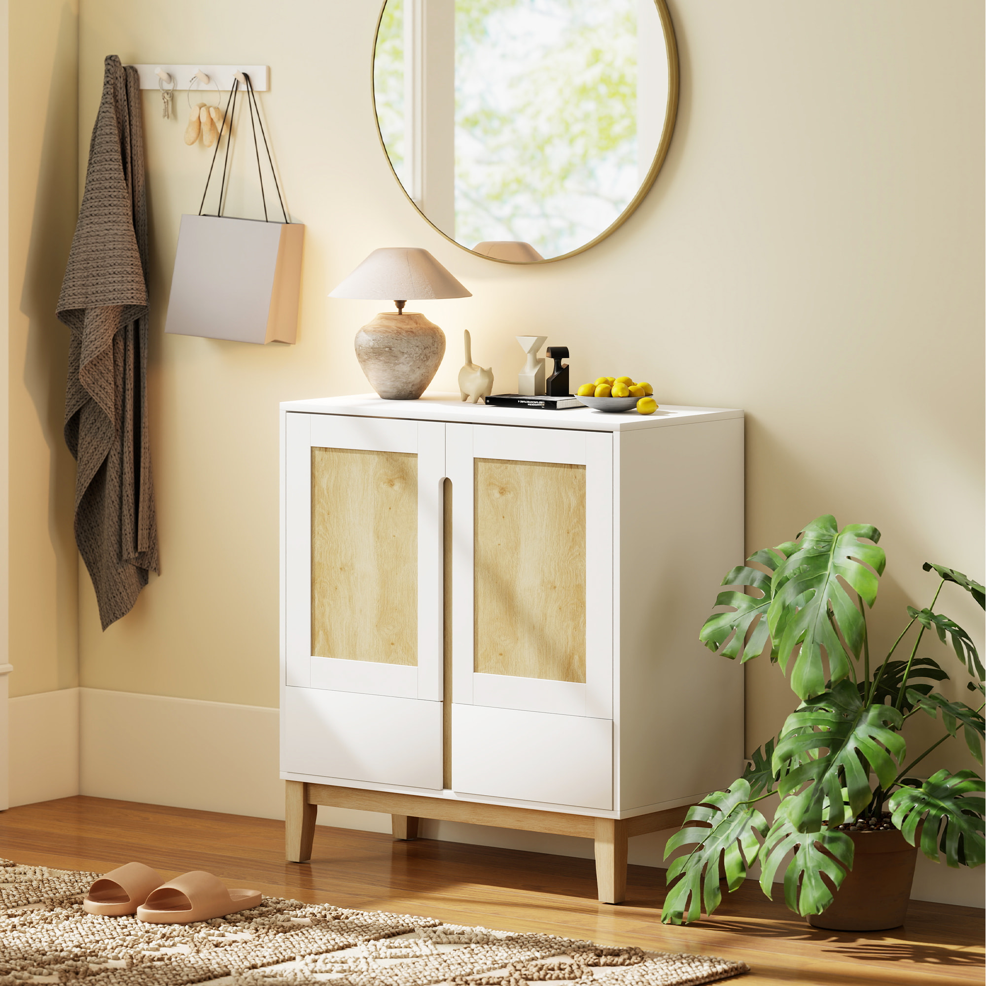 Buffet style nordique - 2 portes, étagère, 2 tiroirs - piètement bois banc effet bois clair