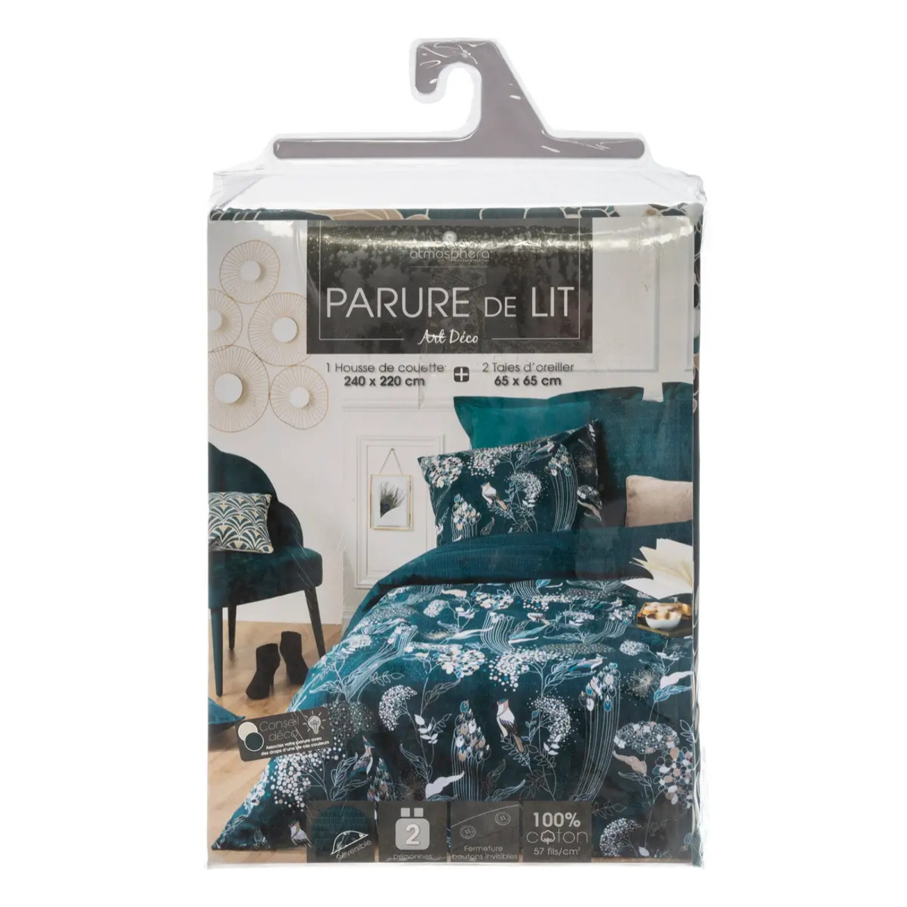 Parure de lit "Art Déco Paon" en coton 240x220 cm