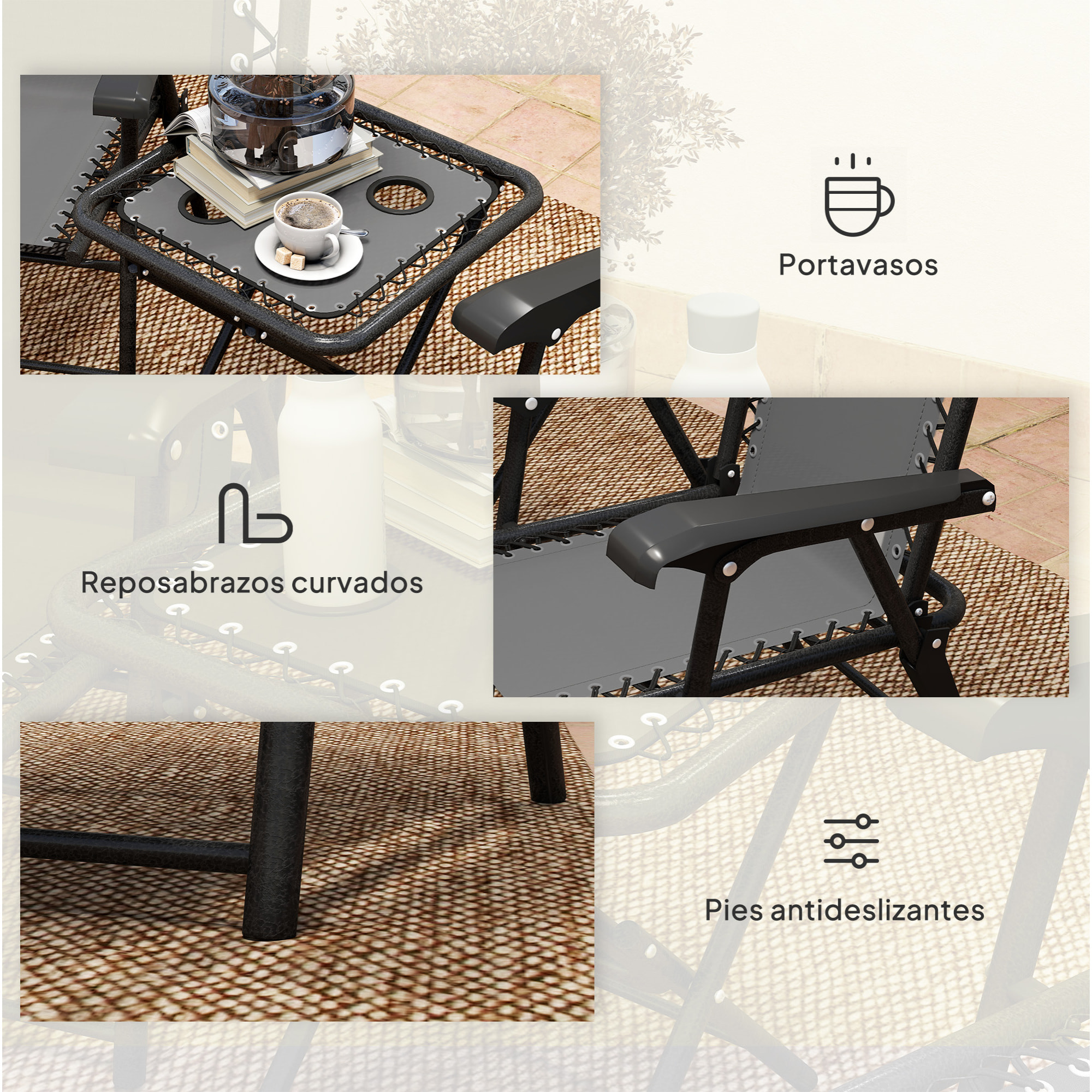 Conjunto de Mesa y Sillas de Terraza Exterior de 3 Piezas Muebles de Jardín Exterior Plegables con Estructura de Acero y Portavasos para Patio Gris Oscuro