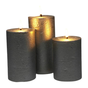 set de 3 velas led en color plata de superficie rústica