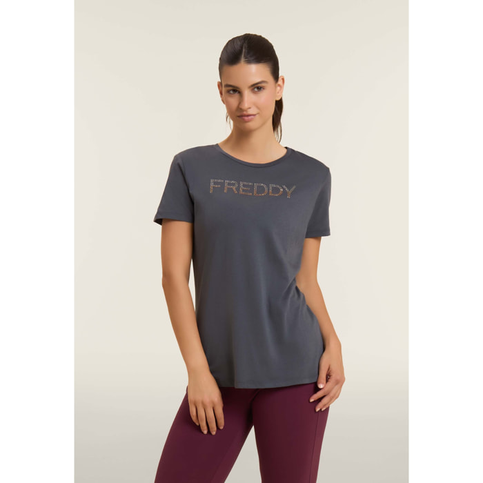 T-shirt donna con logo in strass bicolori