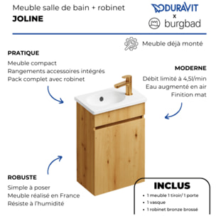 Pack meuble suspendu lave-mains Joline chêne + Robinet lave-mains eau froide Duravit Wave bronze brossé