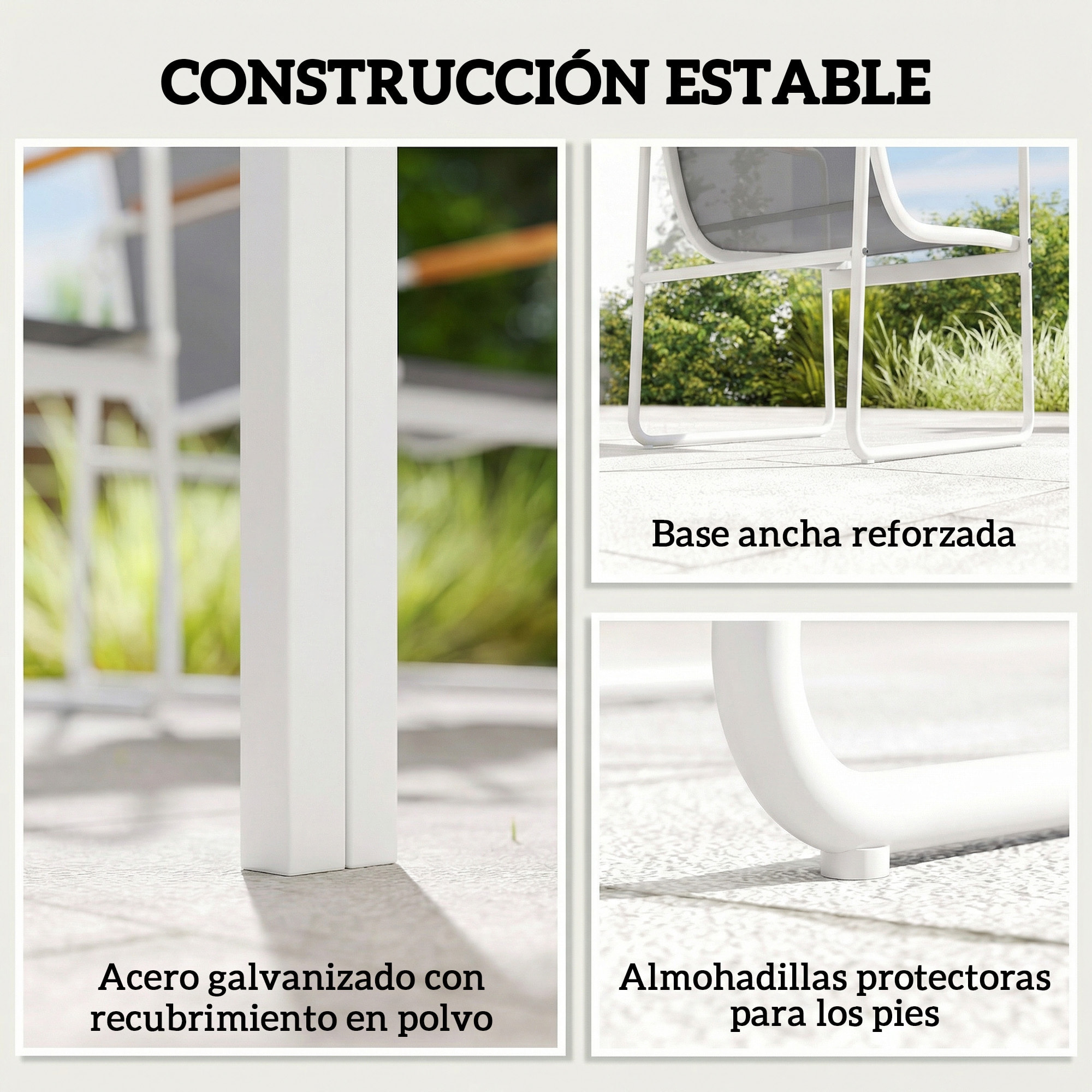Conjunto de Mesa y Sillas Jardín de 7 Piezas, Muebles Jardín Exterior con Mesa de Vidrio Templado, 6 Sillas Transpirables Decorativas, Marco de Acero Resistente a la Intemperie, Blanco y Gris