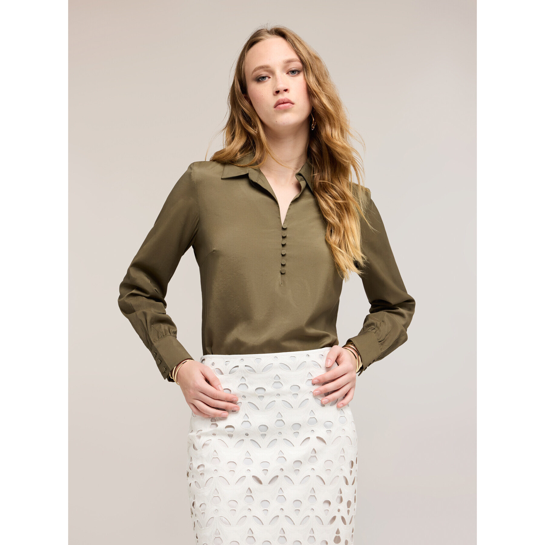 Motivi - Blusa con colletto in raso - Verde militare