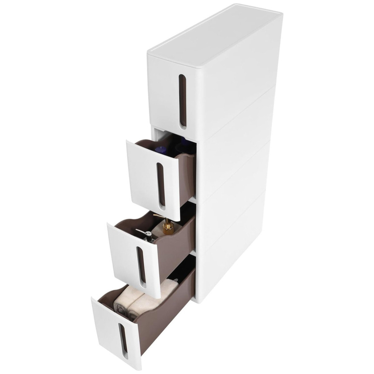 Carrello salvaspazio slim con 4 cassetti bianco e marrone