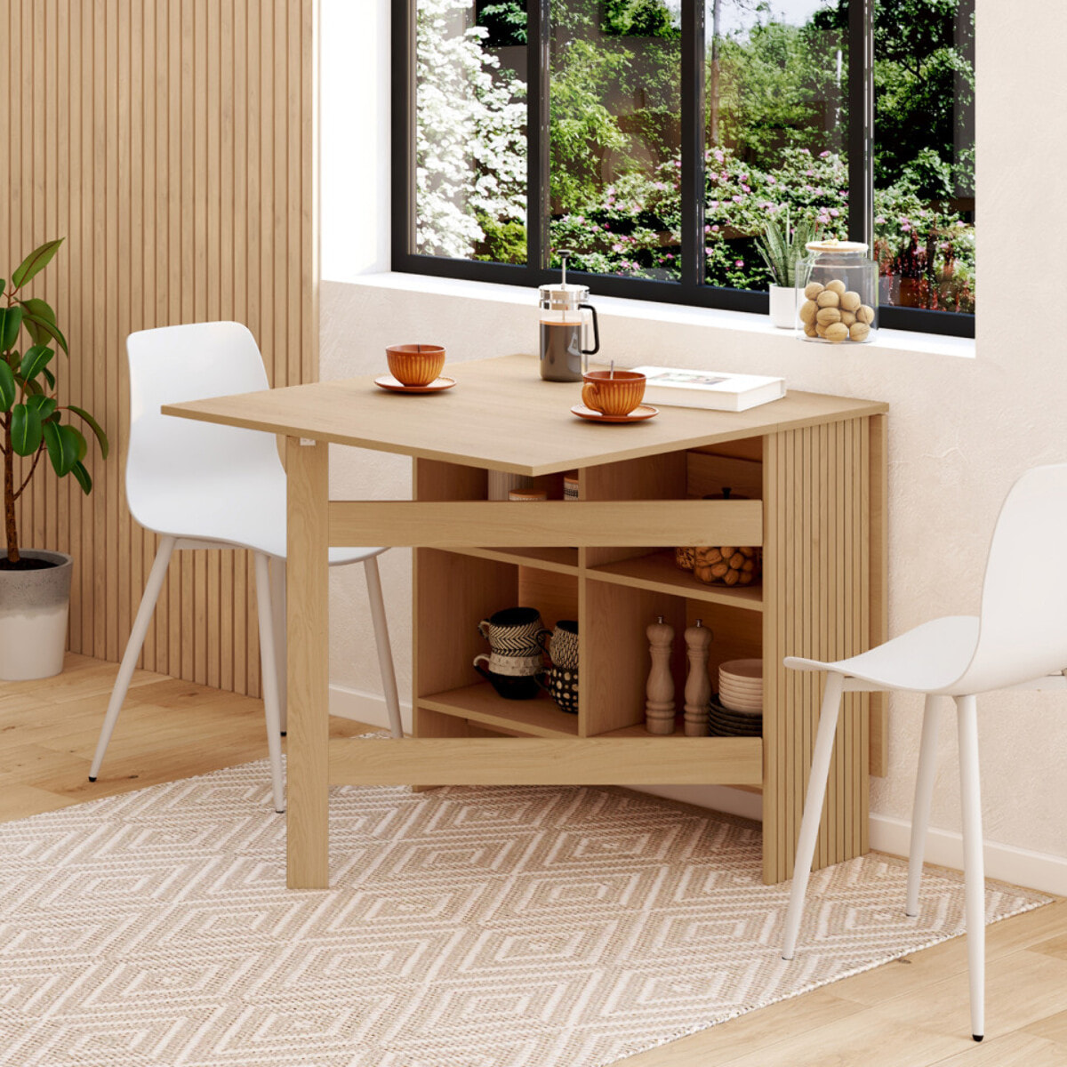 Table à manger dépliable Faustine avec rangement intégré bois et lattes 150cm