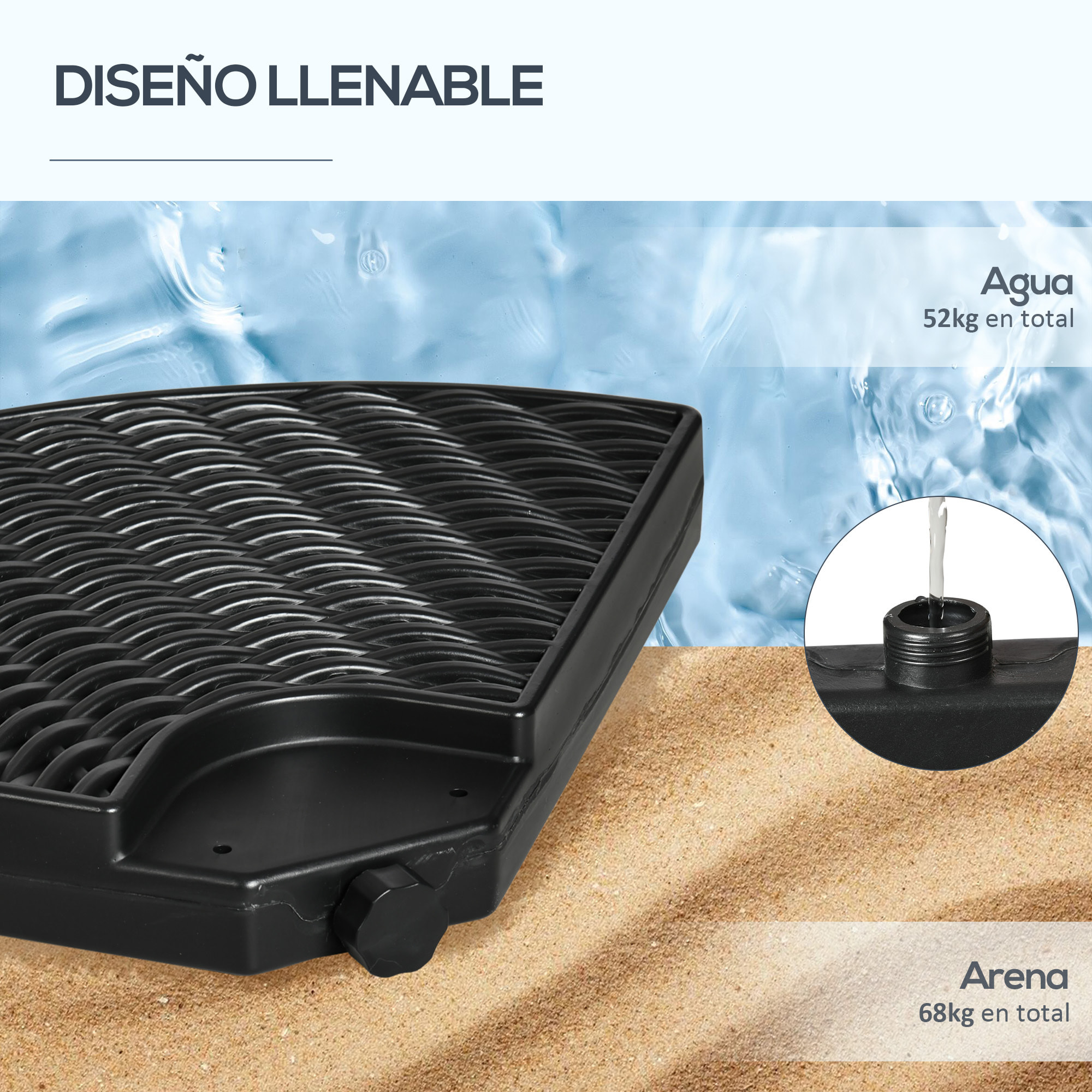 Base para Sombrilla de 4 Piezas Soporte para Parasol Rellenable con Arena 68 kg o Agua 52 L para Jardín Patio Terraza Negro