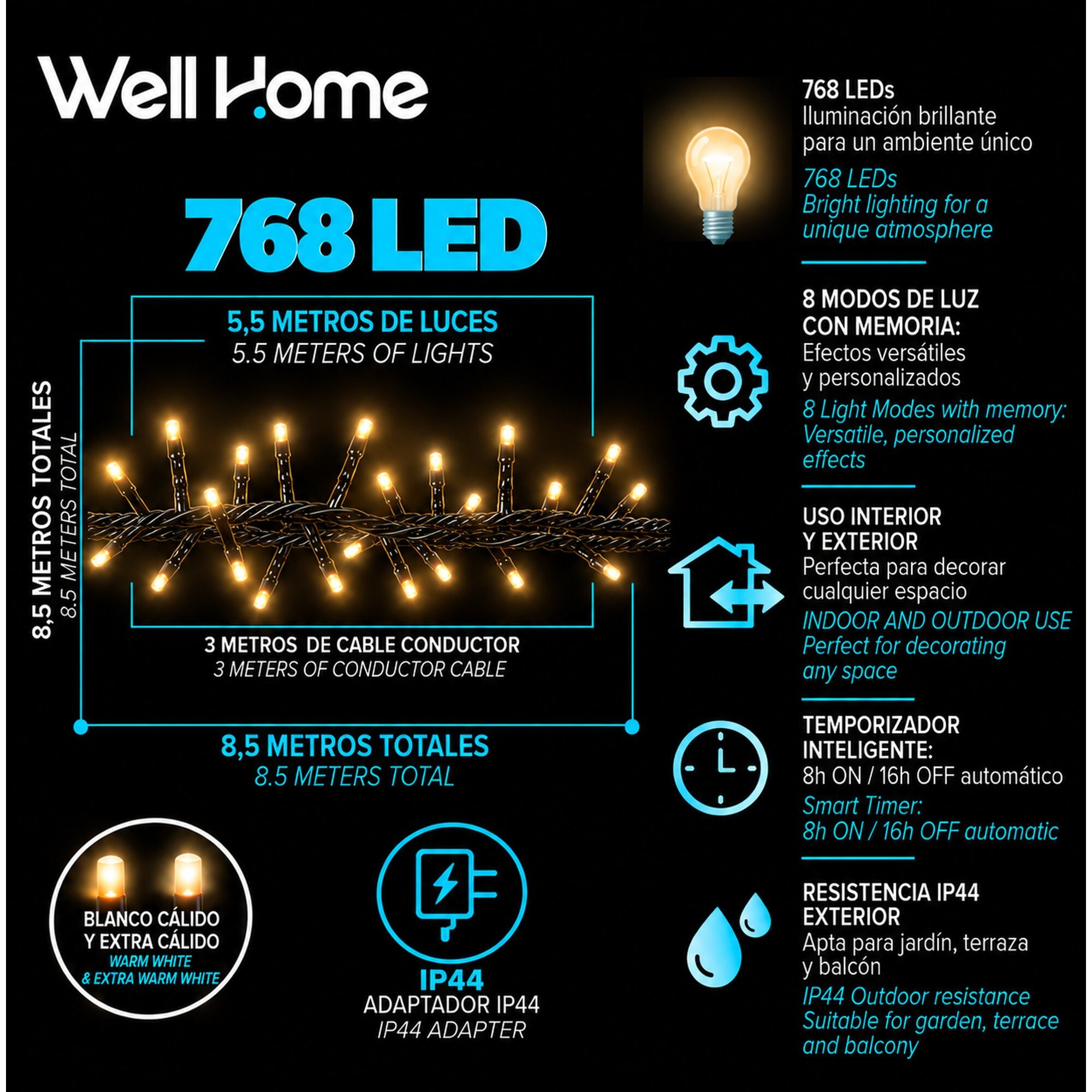 Guirnalda de 768 Luces LED Blanco cálido y extra cálido con Controlador de 8 funciones y Temporizador - 5,5 metros