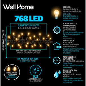 Guirnalda de 768 Luces LED Blanco cálido y extra cálido con Controlador de 8 funciones y Temporizador - 5,5 metros