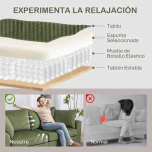Sofá de 3 Plazas Sofá de Salón 212x80x88 cm Tapizado en Pana con 2 Almohadas Reposabrazos y Cojín de Muelles Diseño Moderno para Sala de Estar Dormitorio Verde