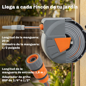 Enrollador de Manguera para Jardín 20+1,6 m con Boquilla de 2 Modos, Carrete de Manguera de Jardín de Pared con Bloqueo Automático y Retracción Controlada, Soporte Orientable 180°, Naranja
