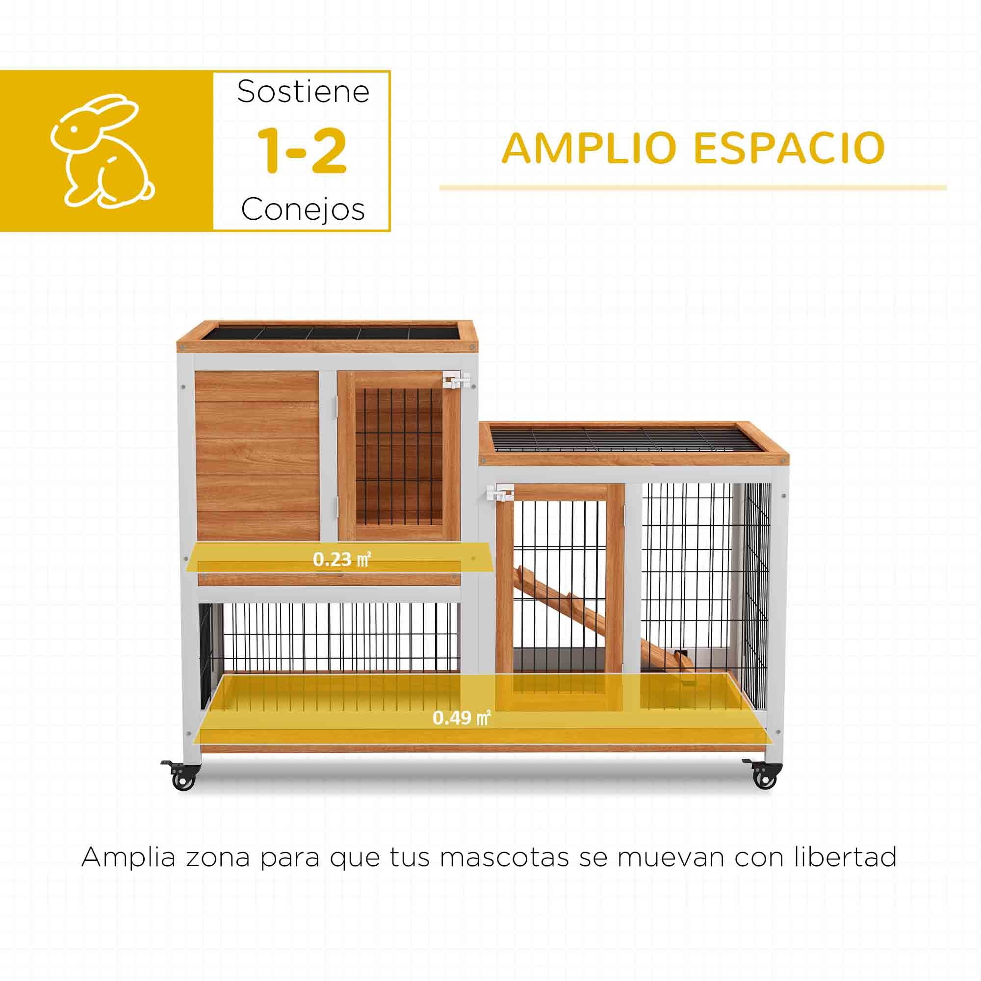 Conejera de Madera de 2 Niveles Jaula para Conejos con Ruedas Puertas Zona Abierta Rampa y 2 Bandejas Extraíbles Conejera para Interior 110x50x88 cm Natural y Blanco