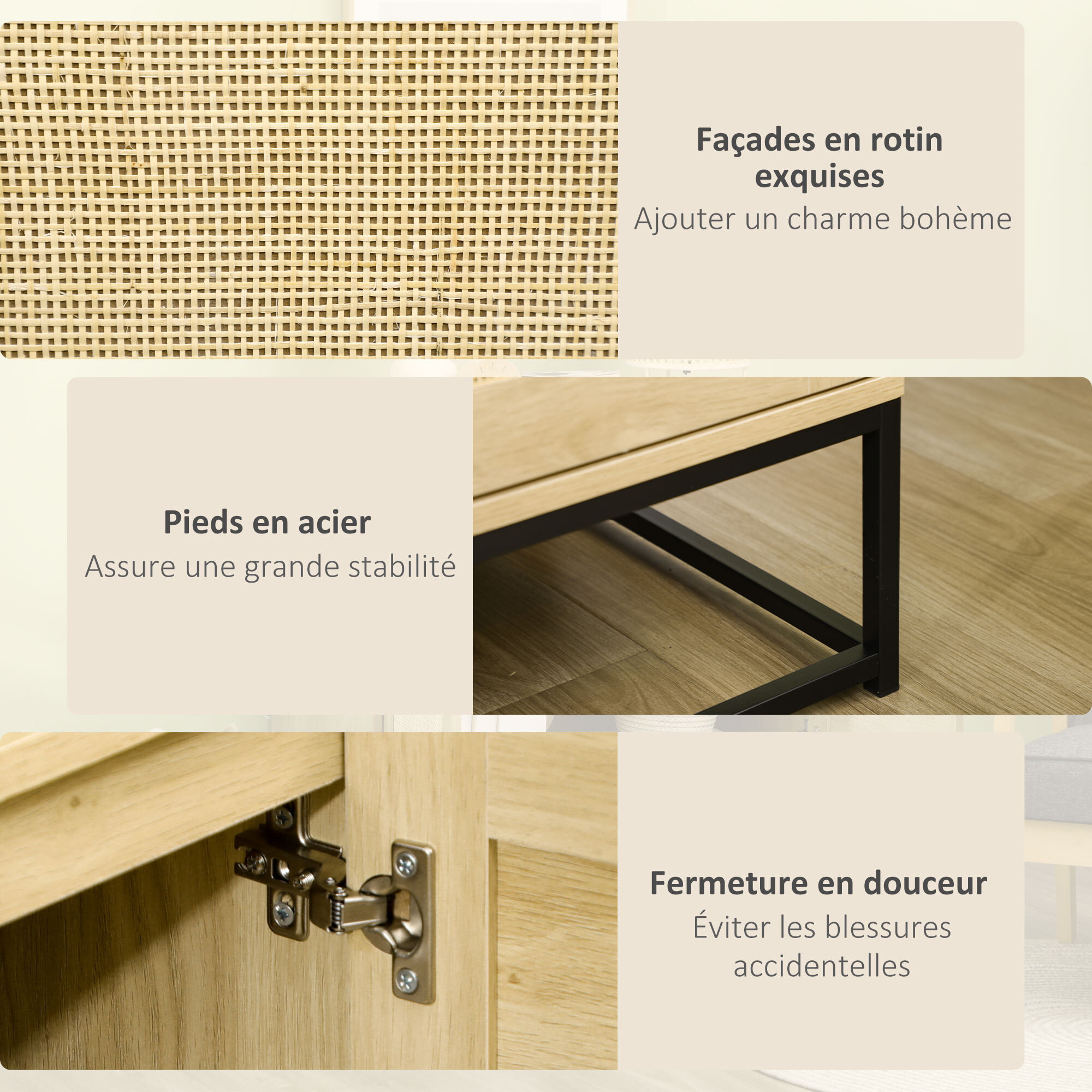 Buffet 2 portes cannage rotin avec étagère piètement acier noir poignées bois pin aspect chêne clair