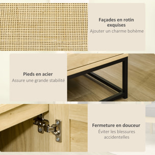 Buffet 2 portes cannage rotin avec étagère piètement acier noir poignées bois pin aspect chêne clair