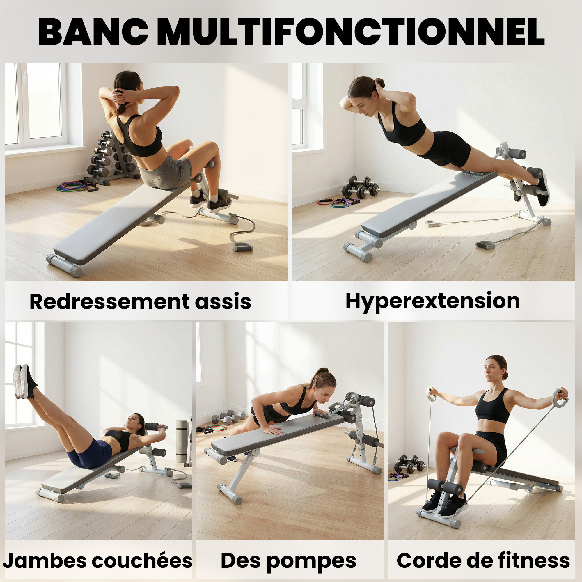 Banc de Musculation Réglable avec Siège à 3 Niveaux Acier blanc gris