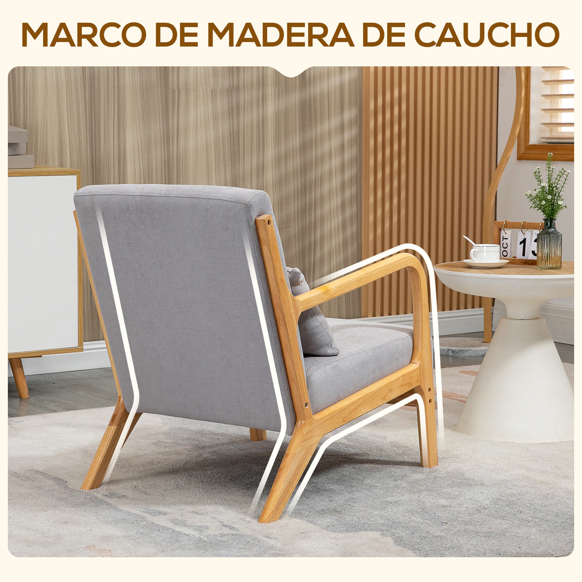 Butaca de Salón Butaca Nórdica Sillón de Salón con Reposabrazos Cojín y Marco de Madera de Caucho para Dormitorio Carga 120 kg 61x78x76 cm Gris