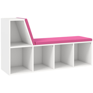 Bibliothèque banc 2 en 1 design contemporain 5 casiers 2 coussins fournis 108L x 30l x 60H cm blanc rose