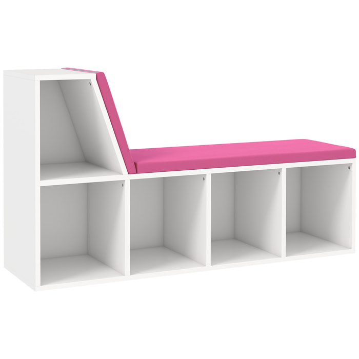 Bibliothèque banc 2 en 1 design contemporain 5 casiers 2 coussins fournis 108L x 30l x 60H cm blanc rose