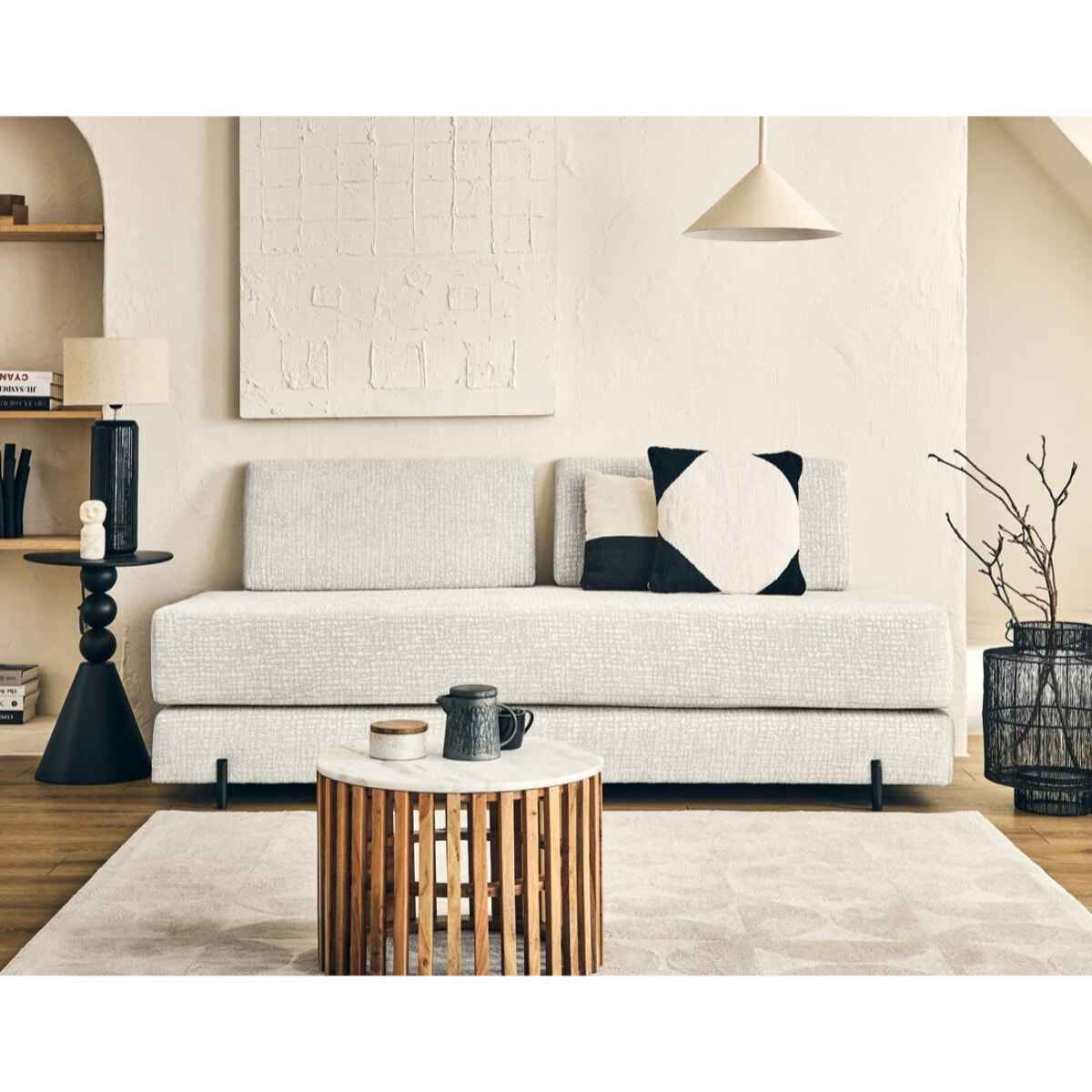 Brescia - banquette 3 places convertible en tissu velours relief - Ecru
