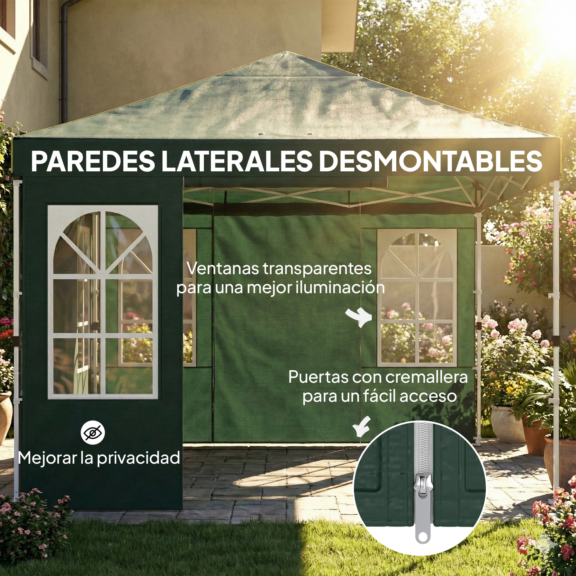 Carpa Plegable 3x3 m, Pop-up, con 4 Laterales Extraíbles, Cenador de Jardín con UPF50+, Bloqueo Central, Altura Ajustable, Bolsa de Transporte, Sacos Arena, Gazebo para Exterior, Verde
