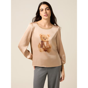 Oltre - Camiseta bimaterial con estampado y aplicaciones - Beige