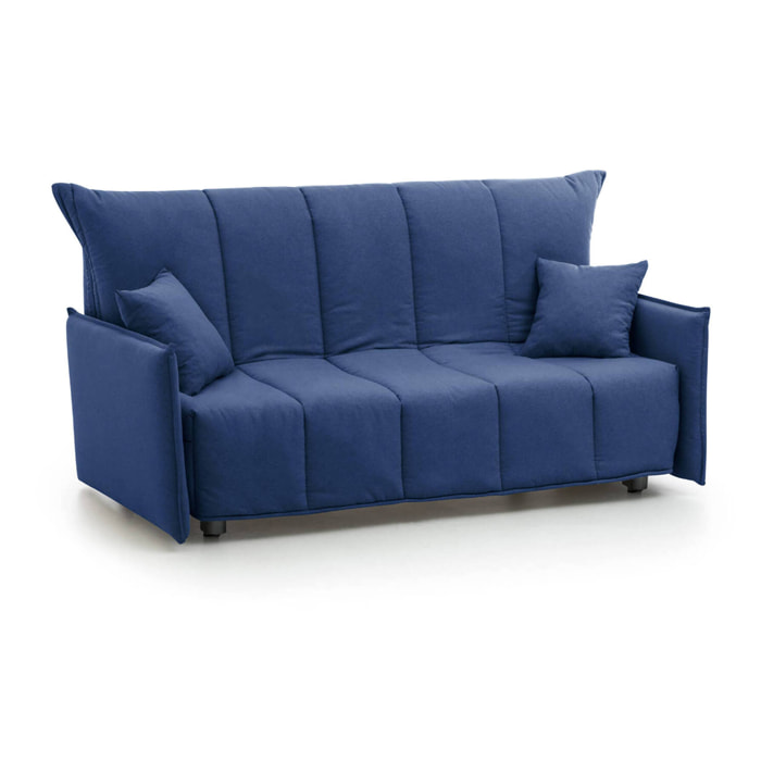 Divano letto 2 posti Alaric, Sofà con apertura a carrello in tessuto imbottito, Braccioli standard, 100% Made in Italy, Cm 150x90h85, Blu
