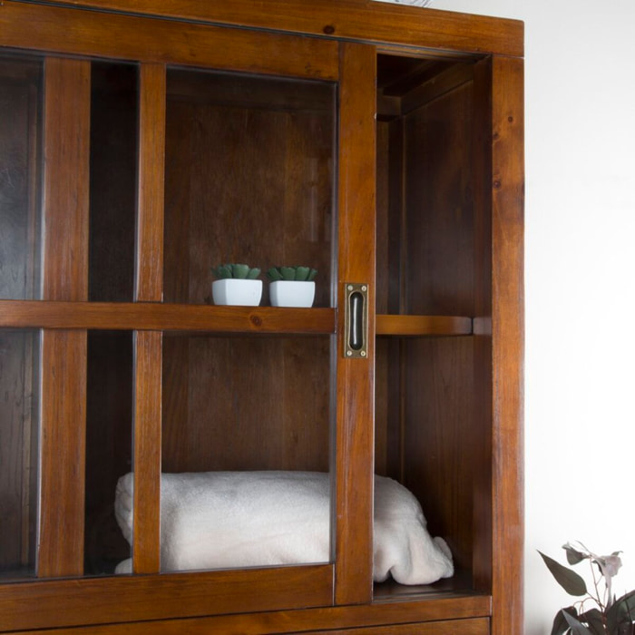 Vitrine Kenia -bois massif de mindi et placage naturel de mindi-couleur teck 115 x 190 x 40 cm