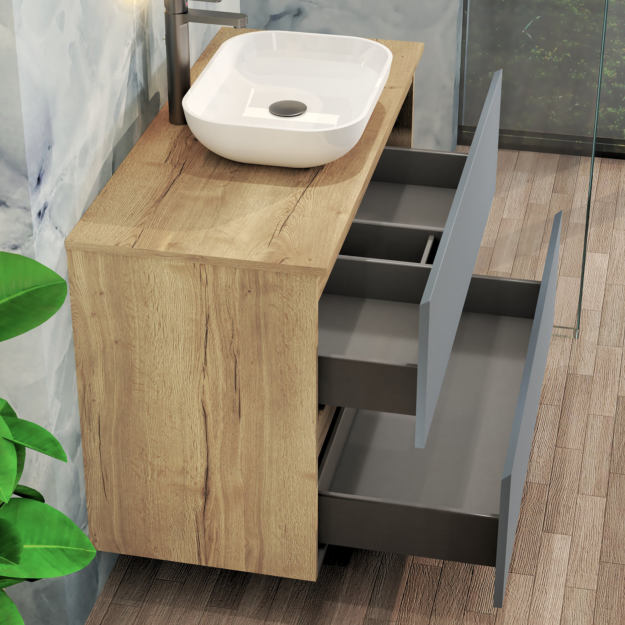 CONJUNTO DE BAÑO NIA | MUEBLE SUSPENDIDO | 100 CM AZUL | DOS CAJONES | LAVABO SOBREPUESTO | NO INCLUYE ESPEJO | MUEBLE MONTADO| ALDAY