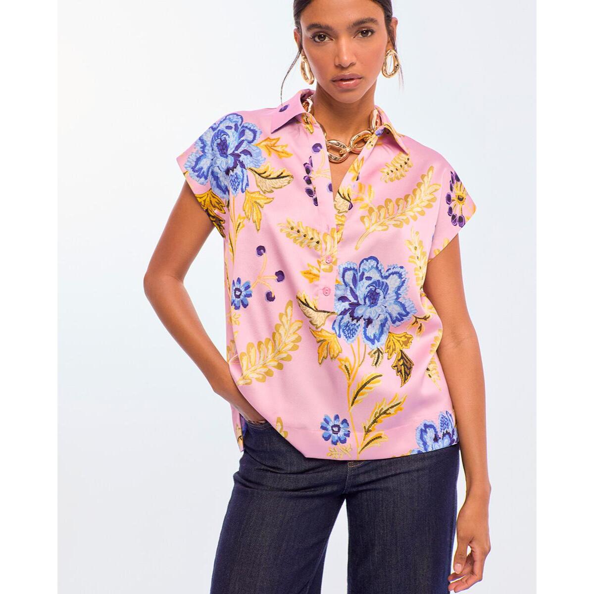 Blusa a collo alto con stampa floreale