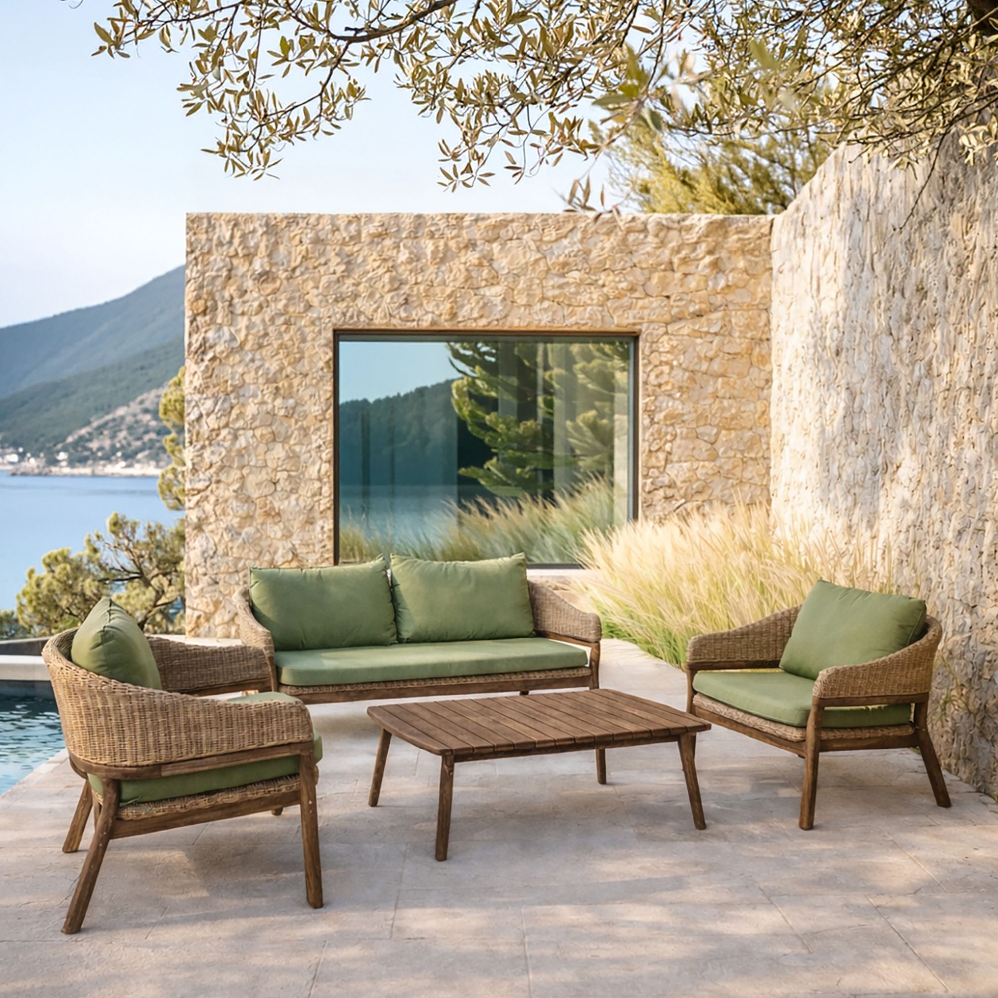 Salon de jardin 4 places en bois d'acacia foncé et résine tressée kaki ALHAMBRA