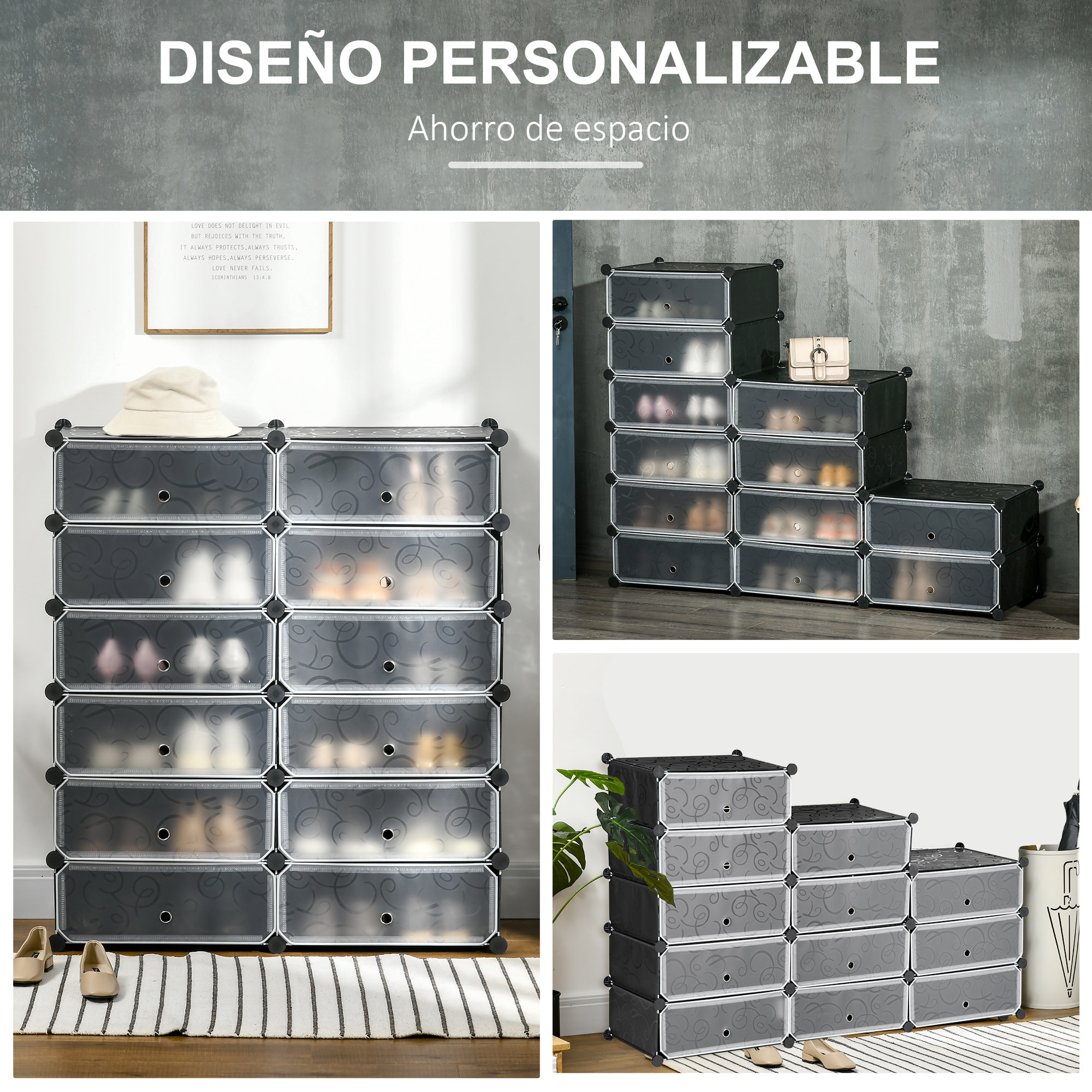 Zapatero Modular Cubos de Plástico Armario Modular para Zapatos con 12 Cubos con Puerta Diseño Bricolaje para Entrada Dormitorio Negro