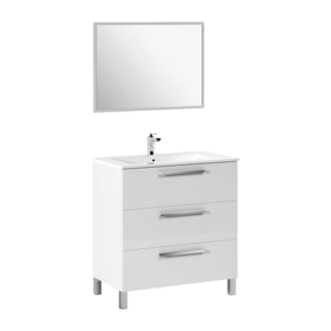 Mobile sottolavabo Palmdale, Mobiletto per bagno, Armadio a 3 cassetti e specchio, lavabo non incluso, cm 80x45h86, Bianco lucido