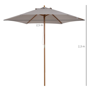 Sombrilla Parasol de Madera Ø250x230 cm para Exterior con 6 Varillas Sistema de Cuerda con Fijación Desmontable Portátil Fácil de Guardar y Transportar Gris
