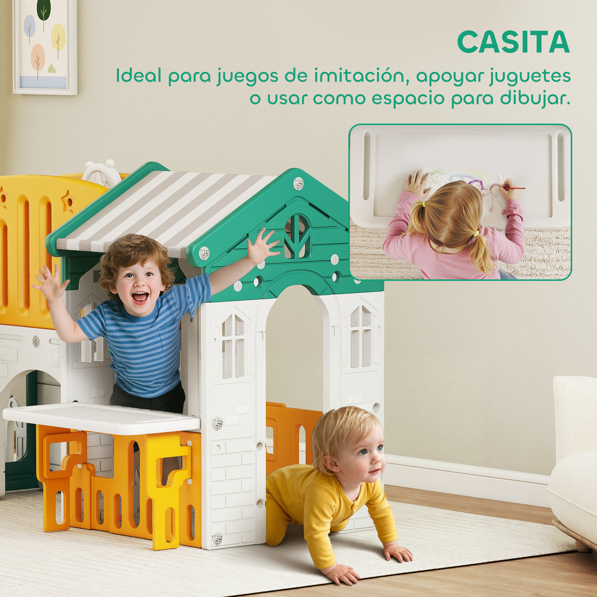 Tobogán Infantil 7 en 1 con Caseta para Niños, Tobogán con Escalera, Aro de Baloncesto, Túnel, Pizarra, Telescopio, para Interior, Amarillo y Verde