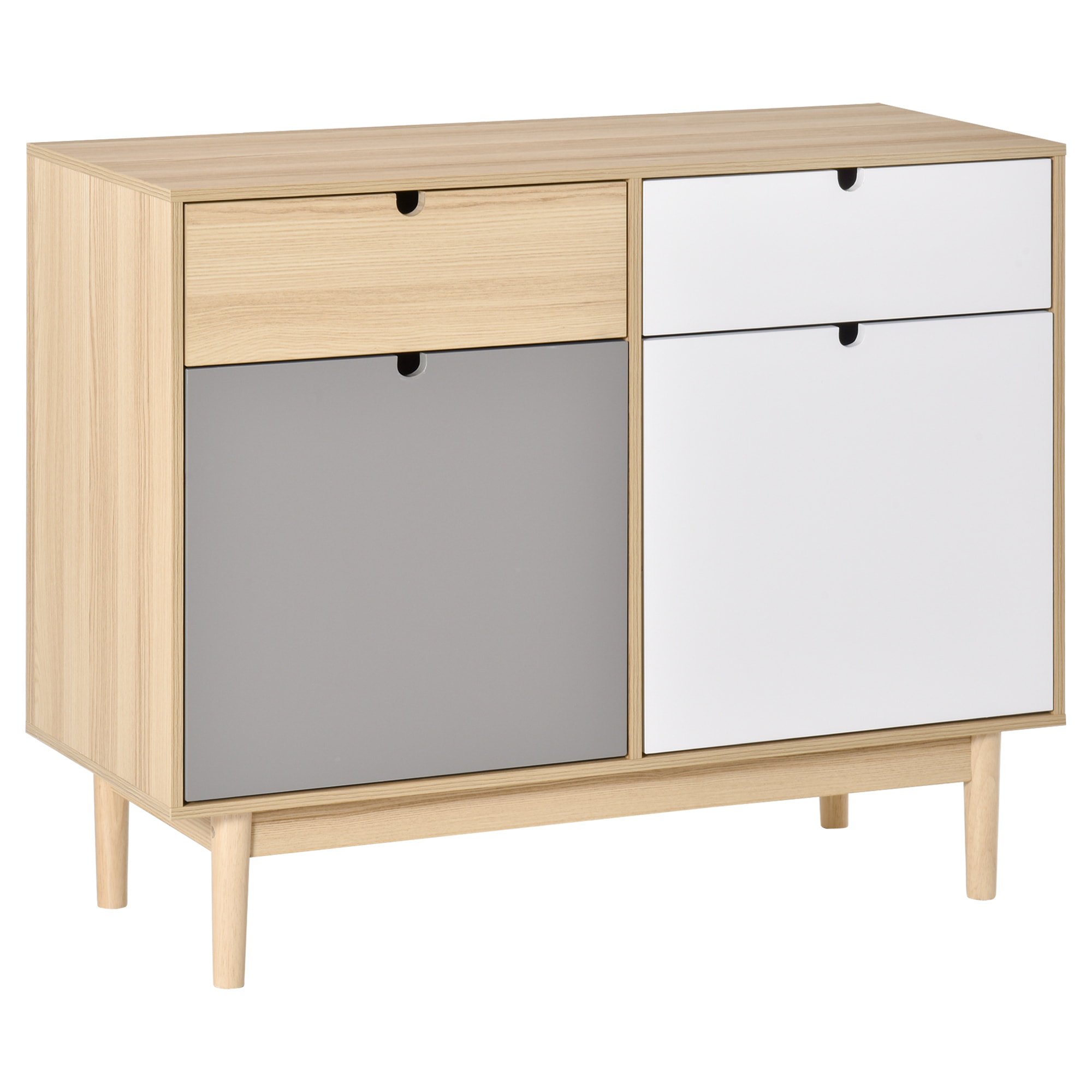 Buffet design scandinave 2 placards tiroirs coulissants MDF multicolore blanc gris bois clair