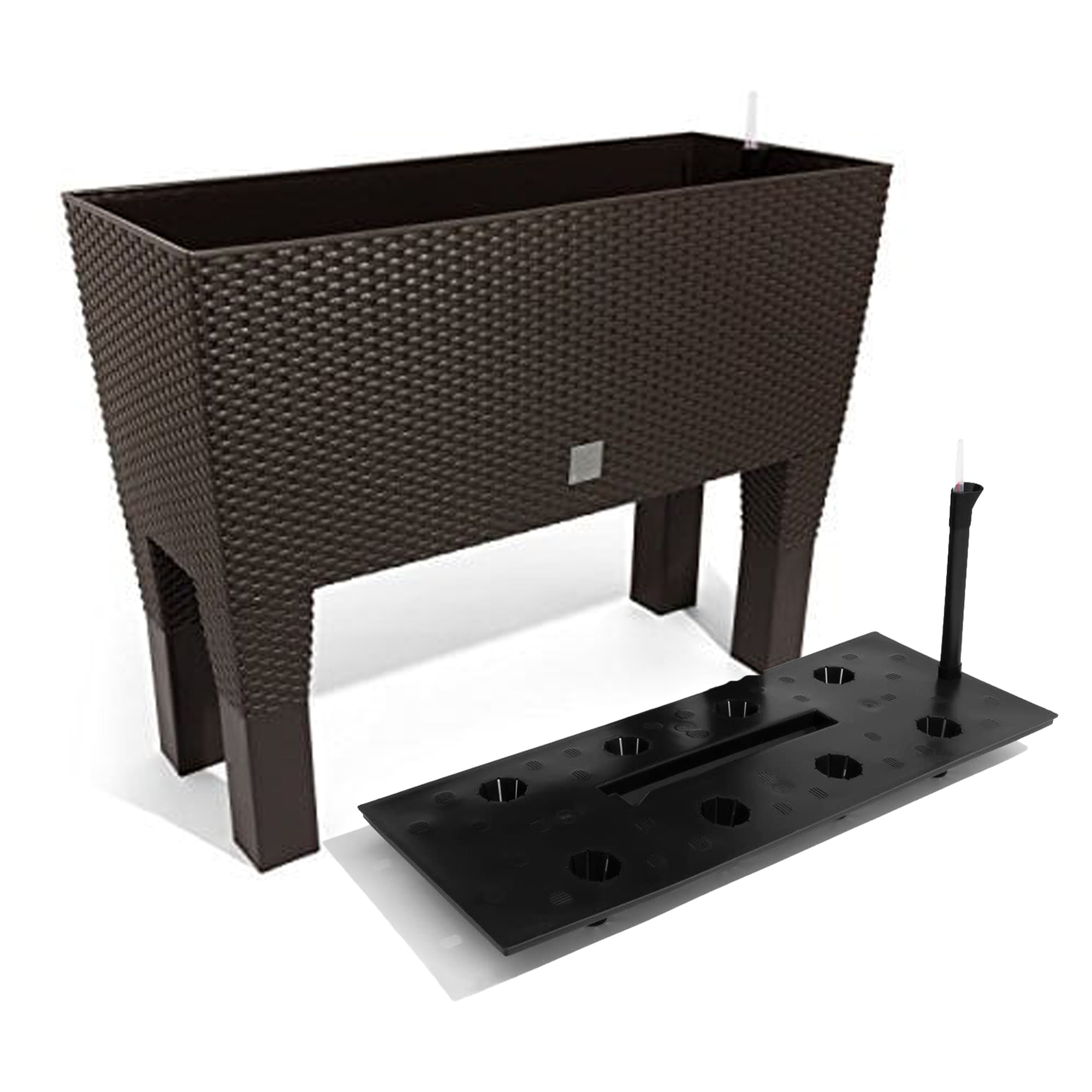 Jardinera alta rectangular 30 litros con autorriego color ocre oscuro 60 x 25 x 46 cm con patas
