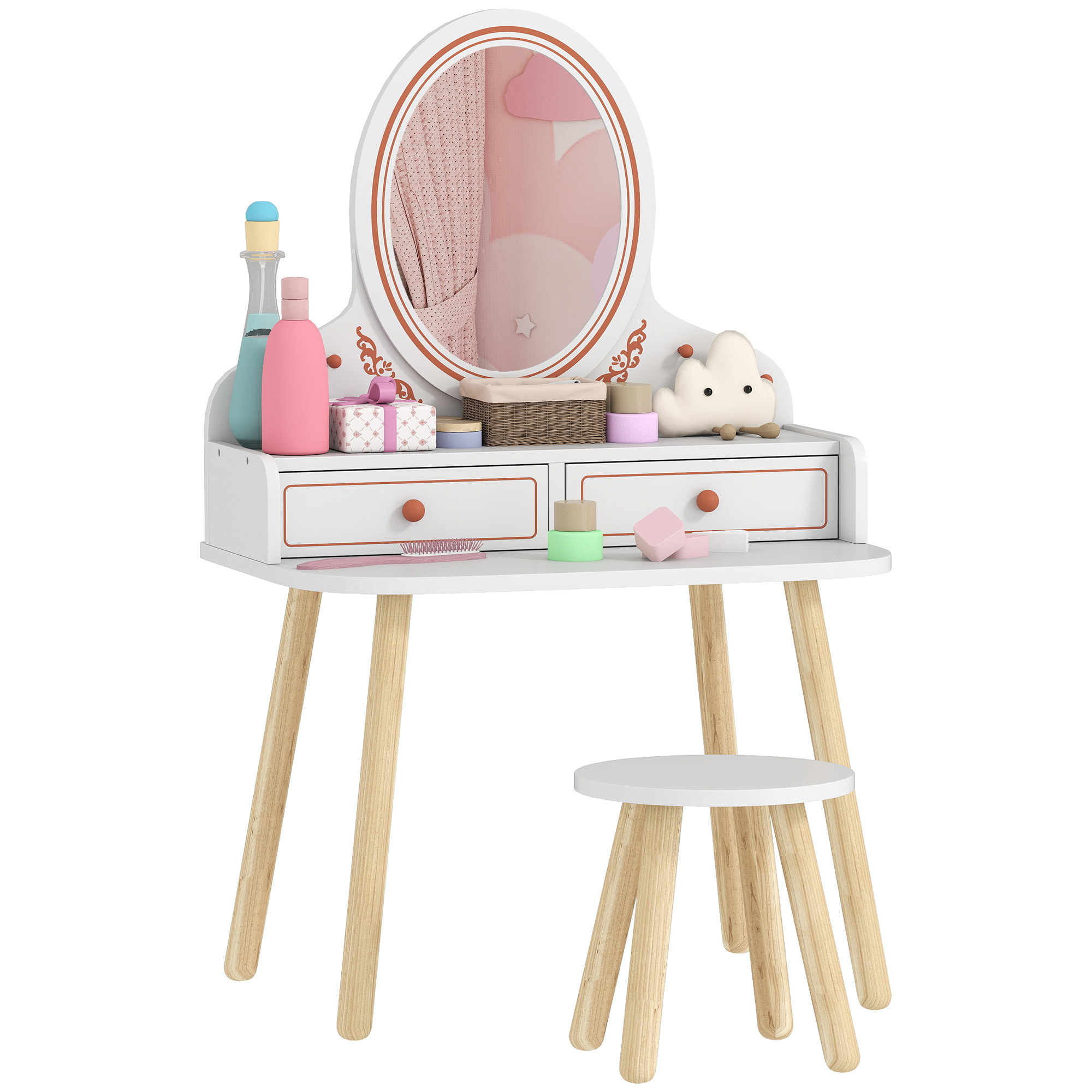 Tocador de Maquillaje Niña, Tocador Infantil con Taburete y Espejo, 2 Cajones y Barras Colgantes, para Niños de 3 a 8 Años, Blanco