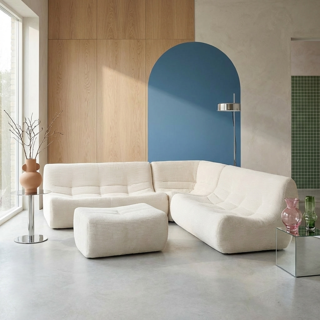 Canapé d'angle modulable 7 places avec repose pied velours côtelé SOKOL