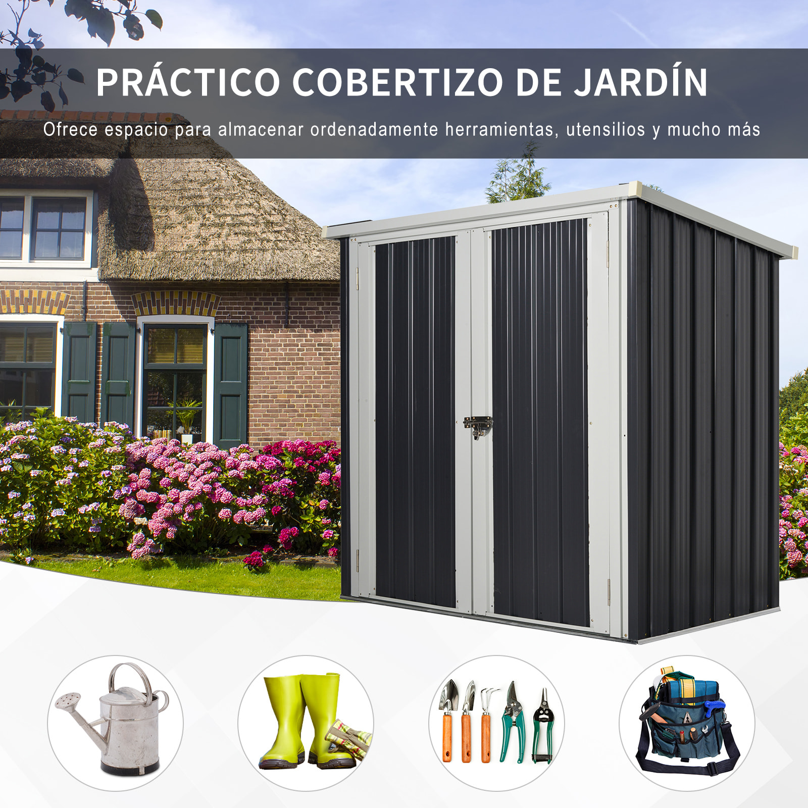 Cobertizo de Jardín 1,26 m² 147x86x134 cm Caseta de Exterior de Acero Galvanizado con 2 Puertas para Almacenamiento de Herramientas Negro