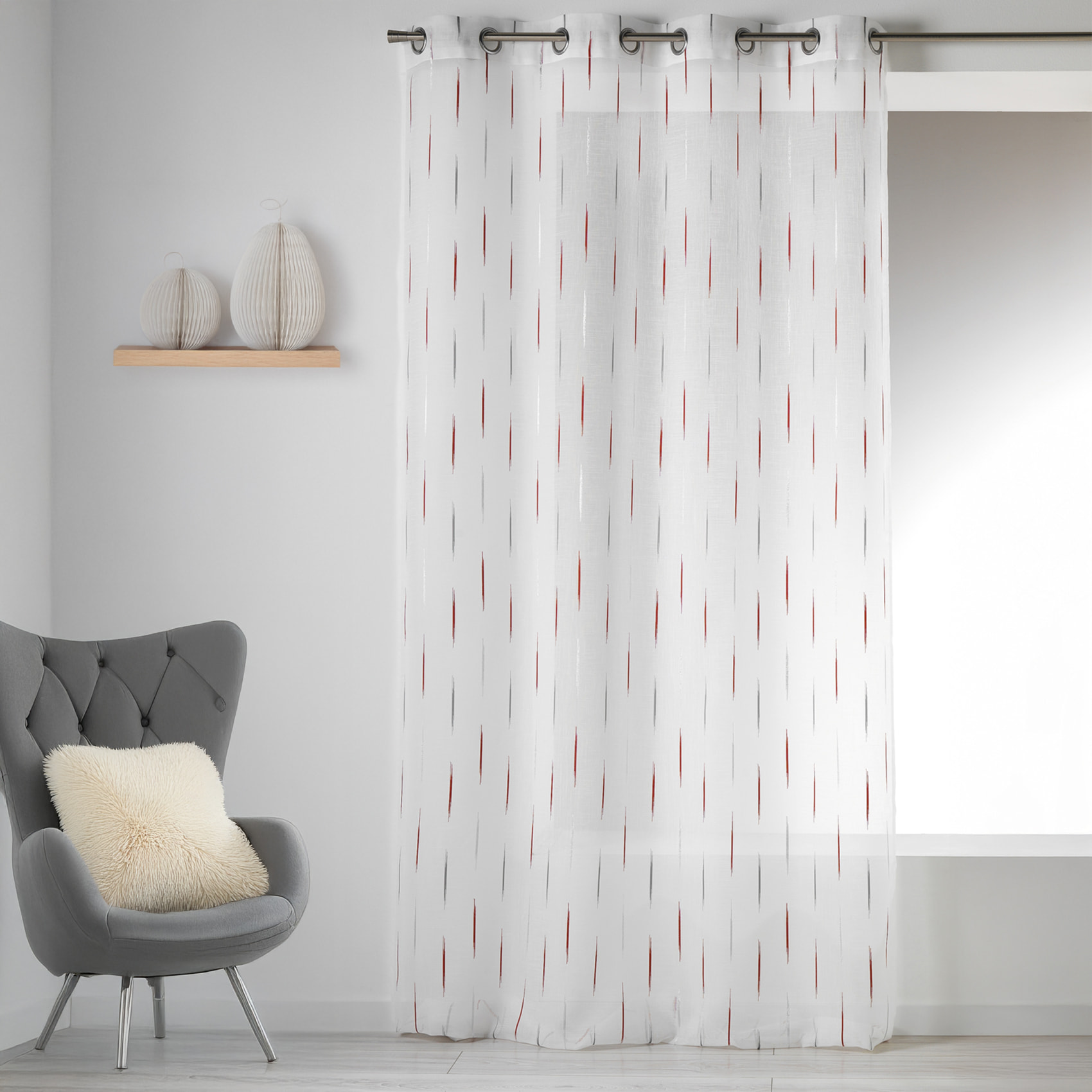 Voilage en Etamine Jacquard 'Traits Fins' - Rouge Orangé