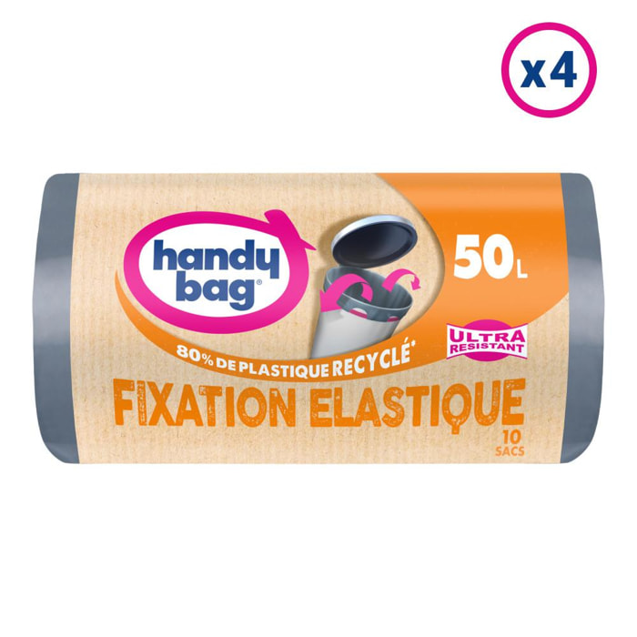 4x10 Sacs Poubelle 50L Fixation Elastique Handy-Bag - 80% de plastique recyclé