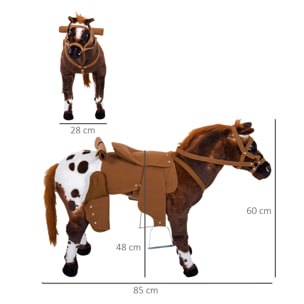 Cheval debout en peluche effets sonores hennissement et galop selle étrier rênes 85L x 28l x 60H marron blanc