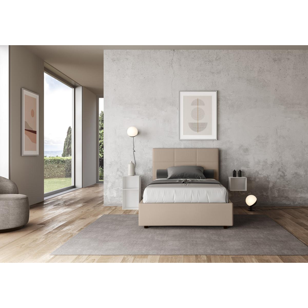 Cama con almacenaje acolchada 120x210 cuero sintético gris paloma Mika