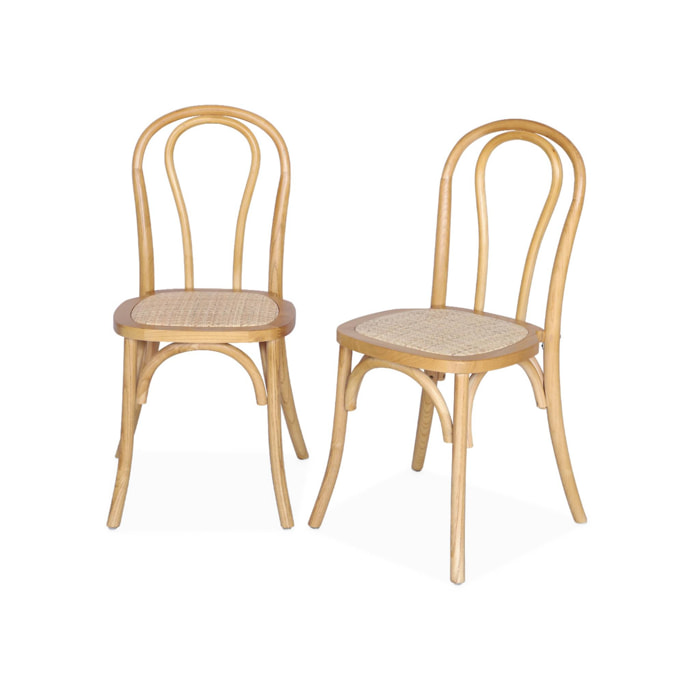 Lot de deux chaises vintage en bois avec assise en rotin et dossier arrondi coloris naturel